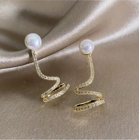 Stunning Gold Plated Twisted Geometrical Pearl Rhinestone Classy Korean Earrings