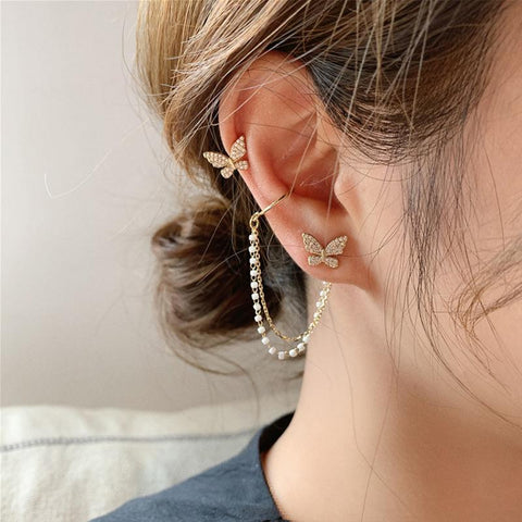 High sense of asymmetric butterfly pearl ear bone clip earrings all-in-one female super fairy tassel earrings