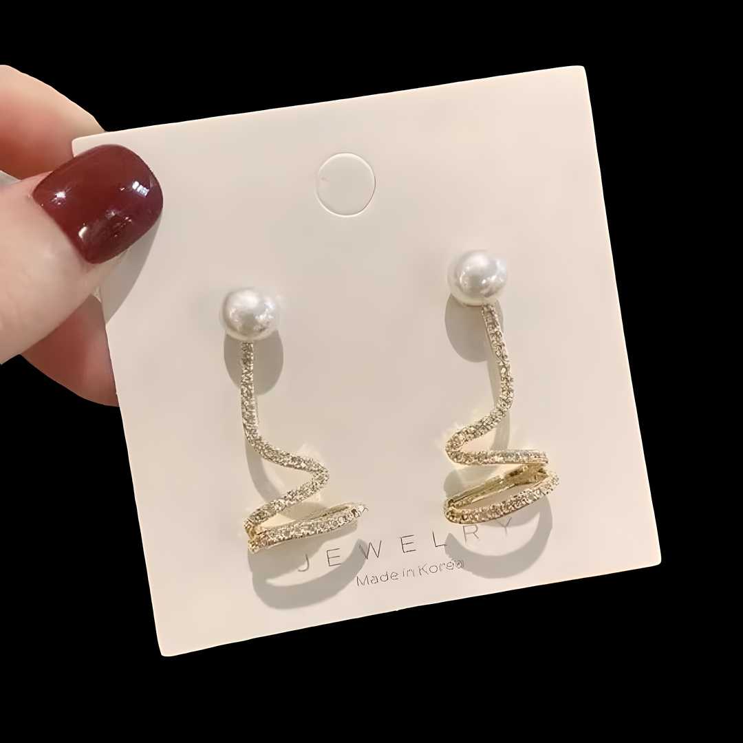 Stunning Gold Plated Twisted Geometrical Pearl Rhinestone Classy Korean Earrings