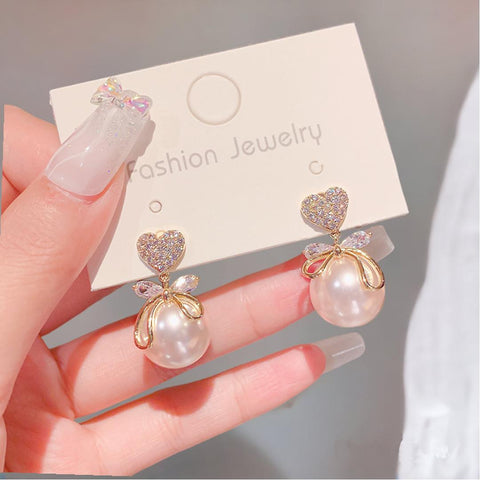 Korean fashion all-match net red love big pearl earrings female temperament elegant bow earrings for women and Girls