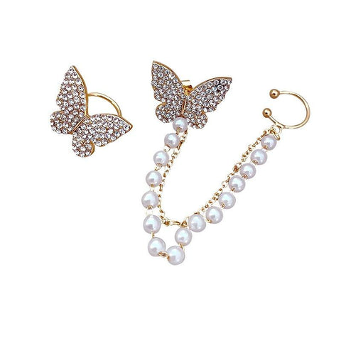 High sense of asymmetric butterfly pearl ear bone clip earrings all-in-one female super fairy tassel earrings